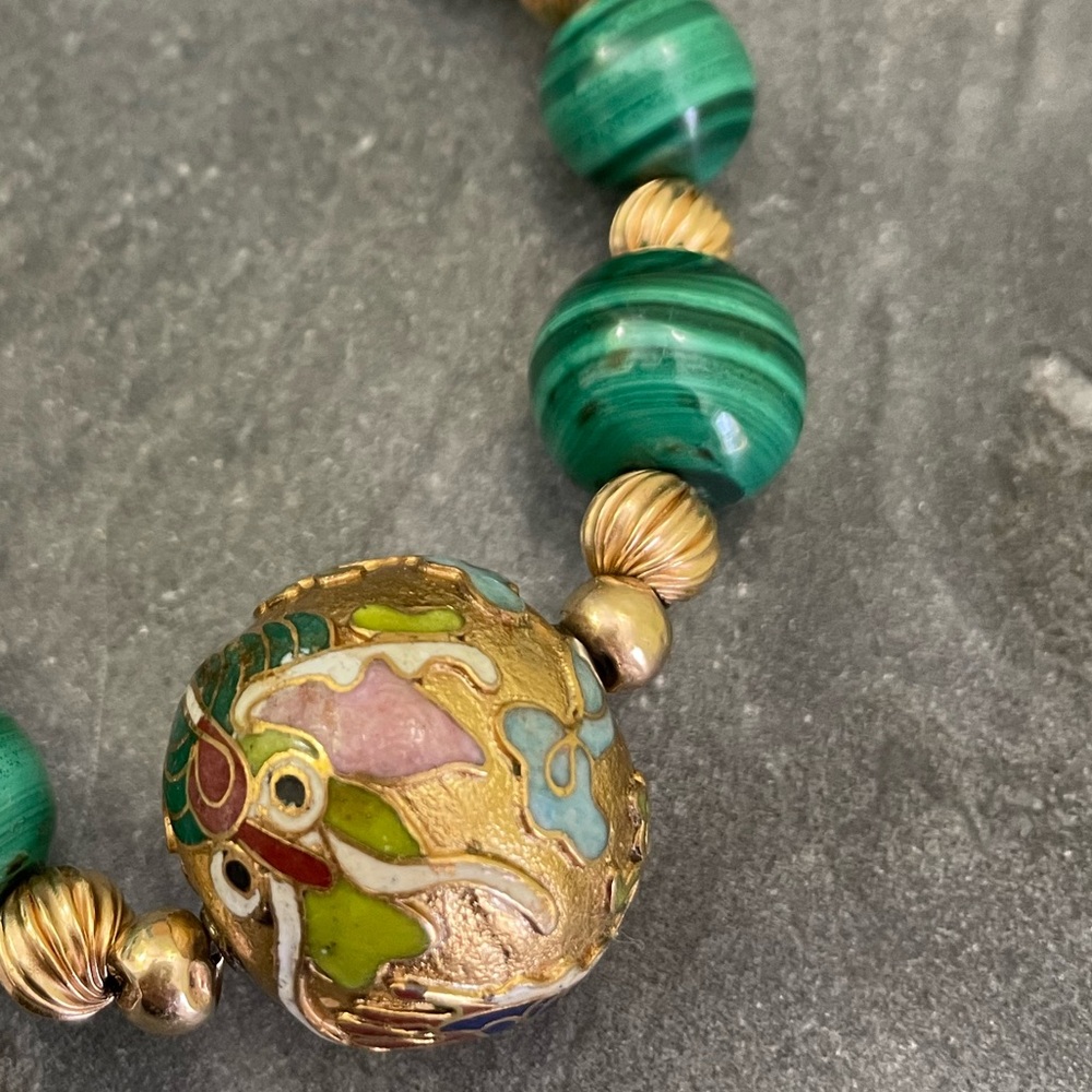 Vintage Malachite Gemstone Cloisonné Dragon Necklace - Picture 12 of 14